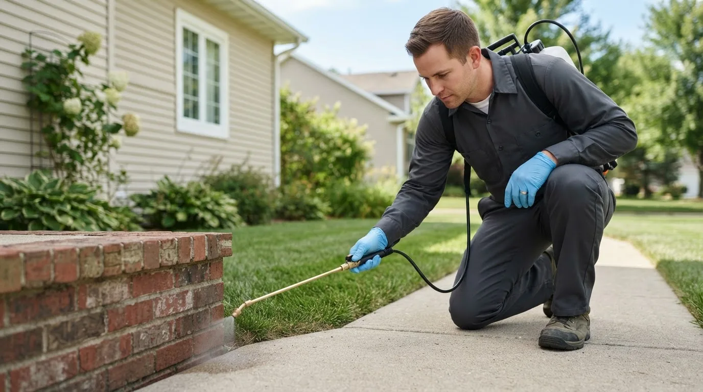 Pest control technician treating a home near Prairie City, SD